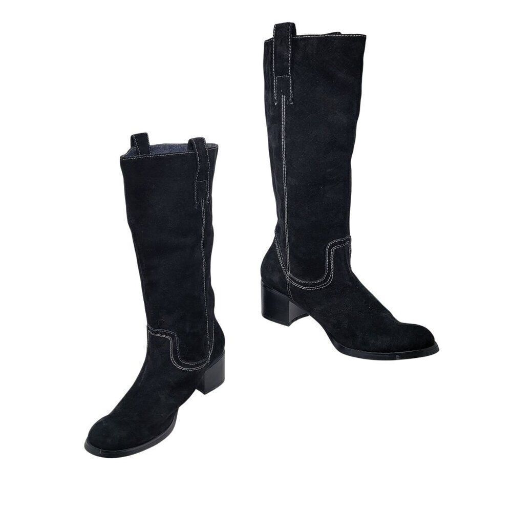 Vintage Black Suede Leather Knee High Cowboy Boots 10‎ White Contrast Stitching
